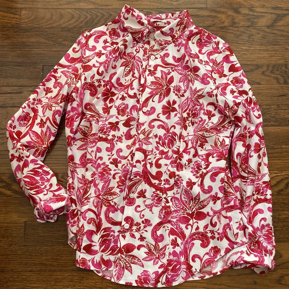 Chico's No-Iron Chic Stretch Fitted Pink and White Button Front Shirt, Size 8